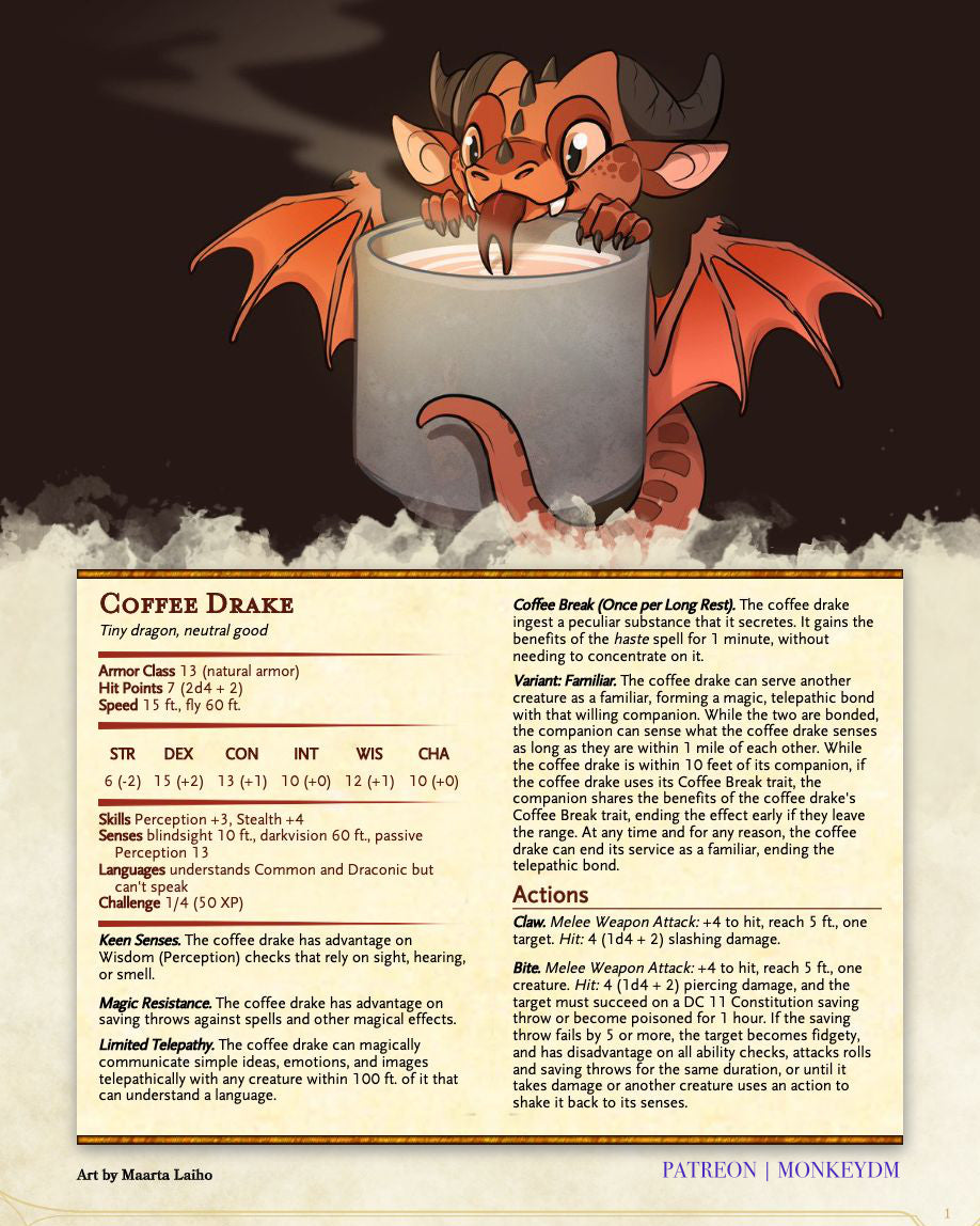 Coffee Drake - A cute dragon companion/familiar for D&D 5e