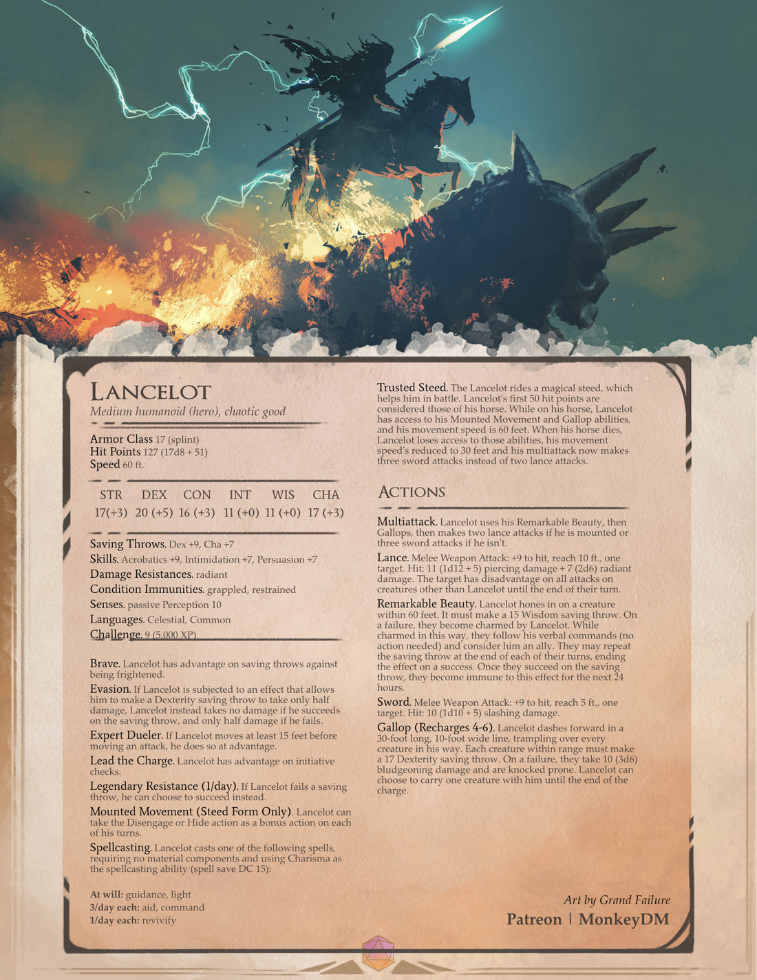 Lancelot - The Great Knight of the Roundtable ready to be unleashed upon the World - D&D 5e Creature