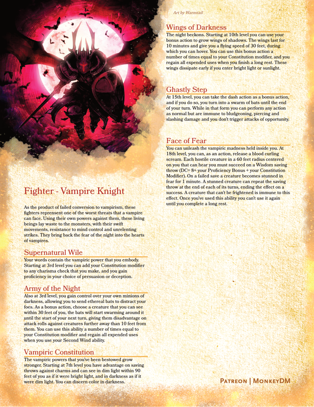 Fighter: Vampire Knight - Become a Vampire to defeat more Vampires in D&D 5e