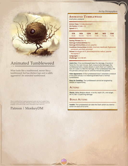 D&D 5e Monster: Animated Tumbleweed - The name says it all [Cowboys From Hell]