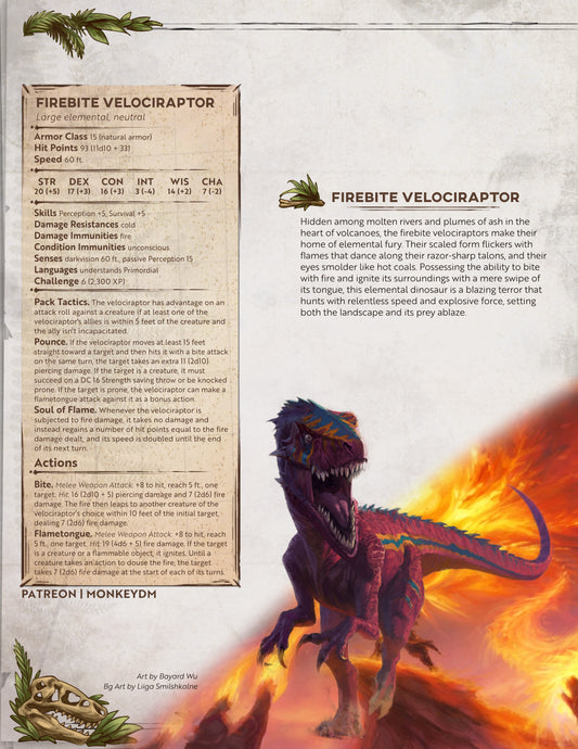 D&D 5e Monster: Firebite Veloviraptors - Pyroclastic Pack Hunters [Echoes of Extinction]