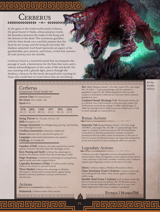 D&D 5e Monster: Cerberus - Guardian of the underworld, ready to halt any foolish enough to trespass in Hades' domain [Wrath of Olympus]